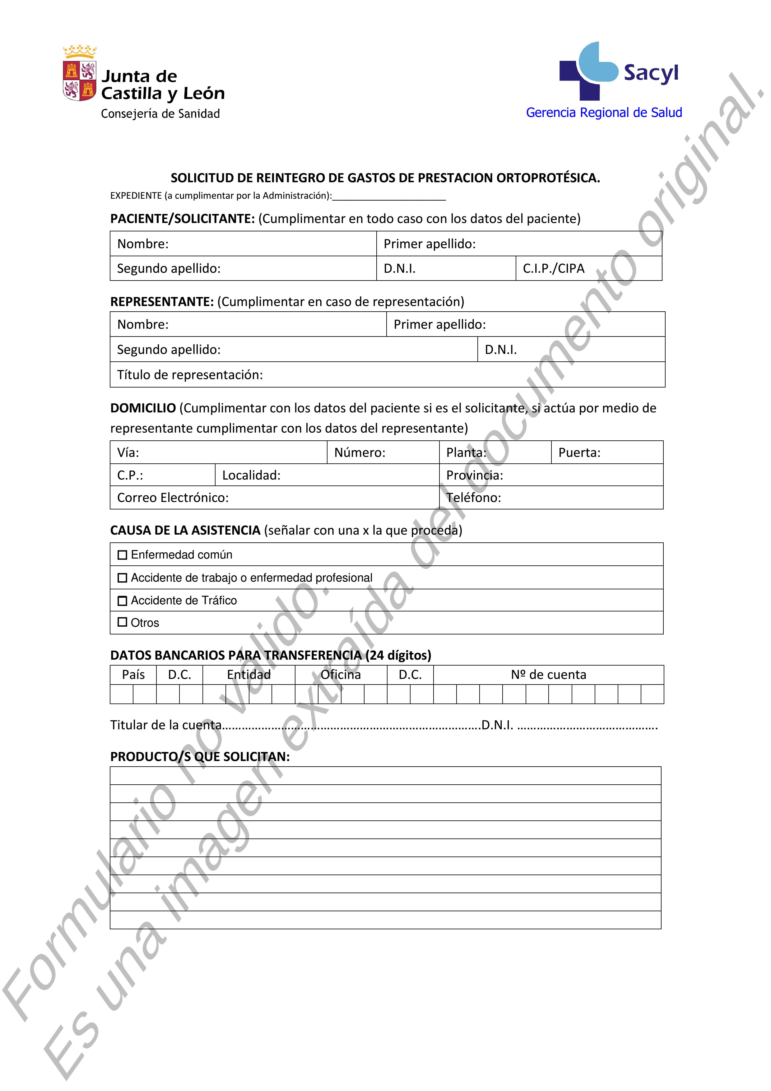 Formulario de reintegro de prestación ortoprotésica SACYL